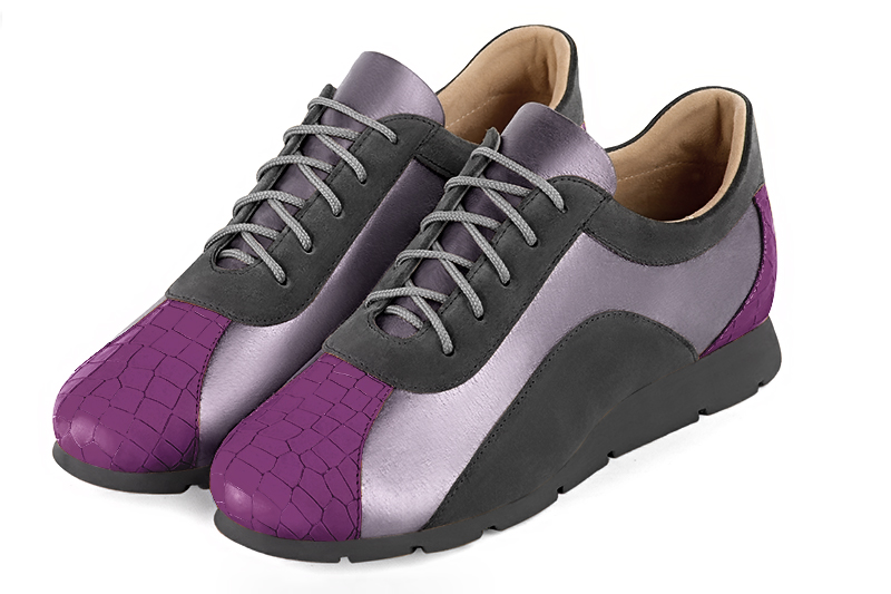Mauve purple and dark grey women's open back shoes. Round toe. Flat rubber soles. Front view - Florence KOOIJMAN